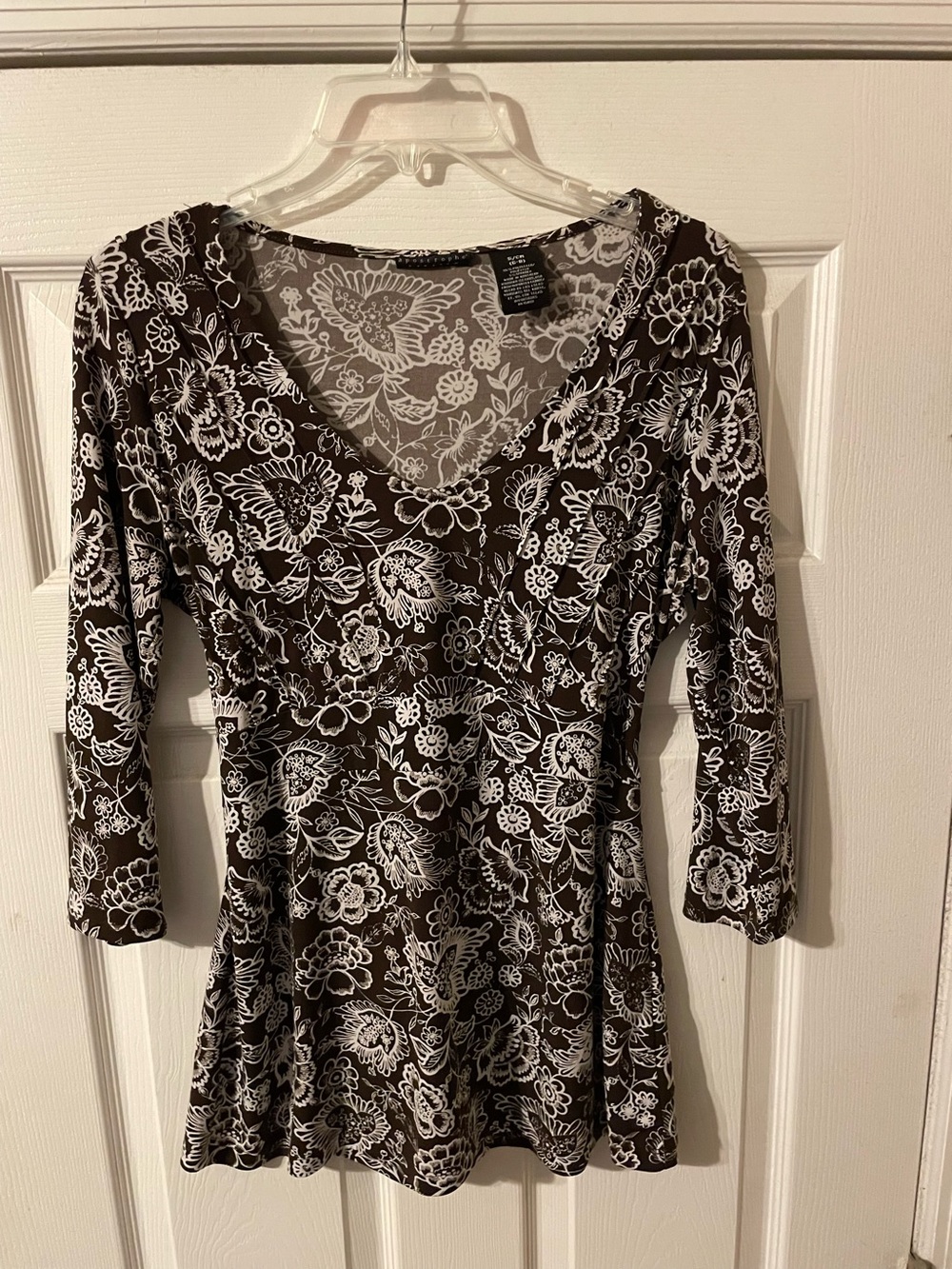 Apostrophe Brown V-Neck 3/4 Sleeve Blouse with White Floral Print